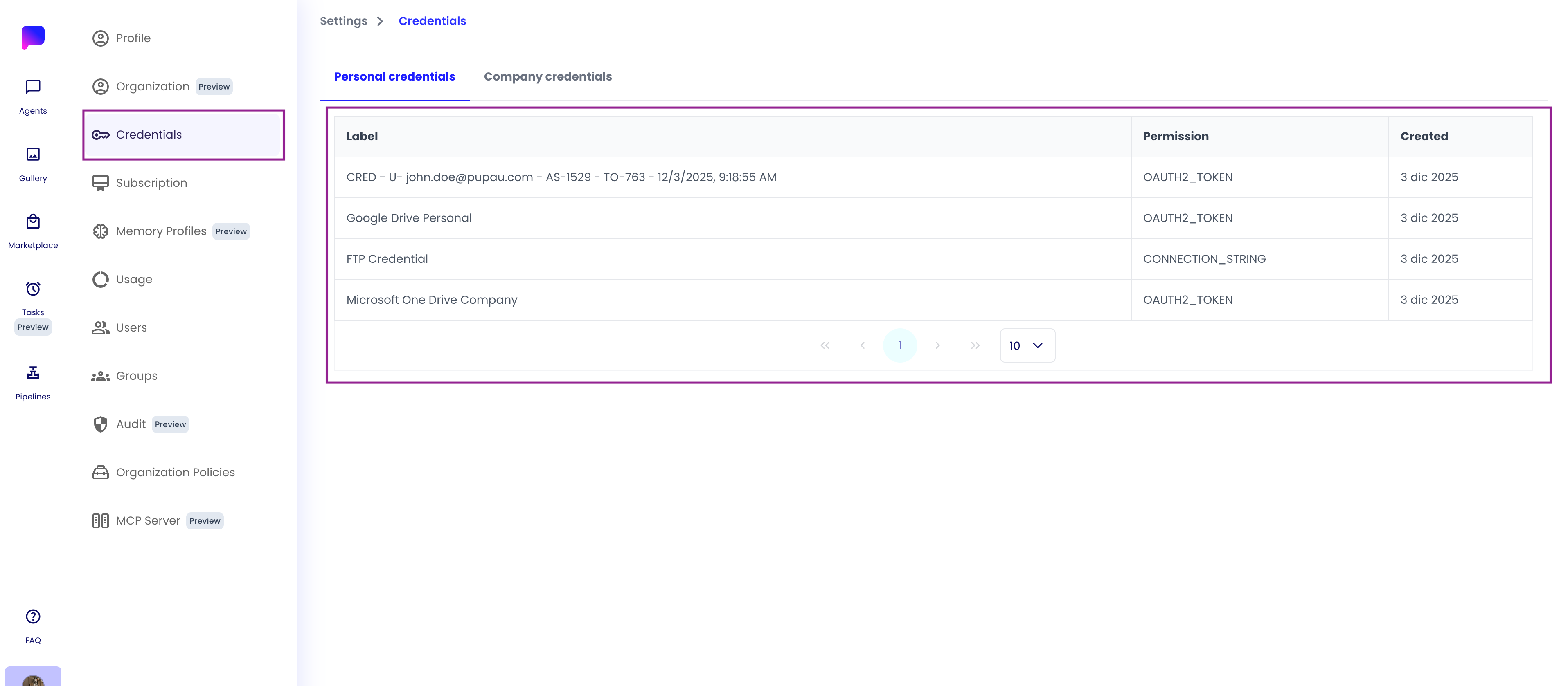 Credentials Page Overview