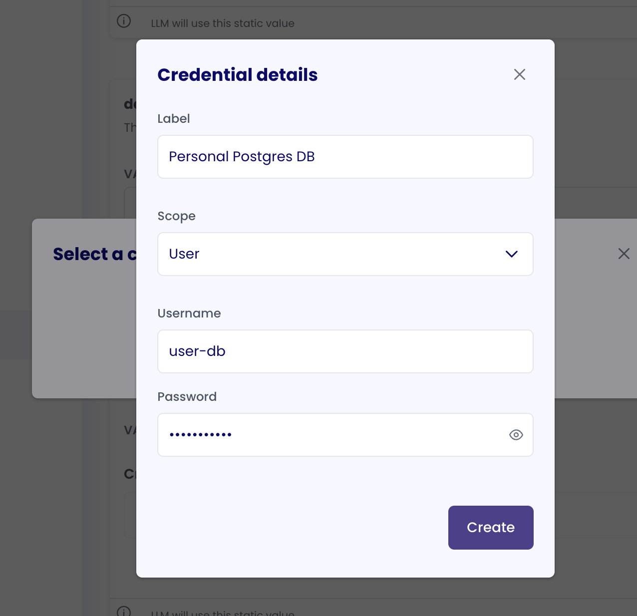 Database Credential Creation Modal