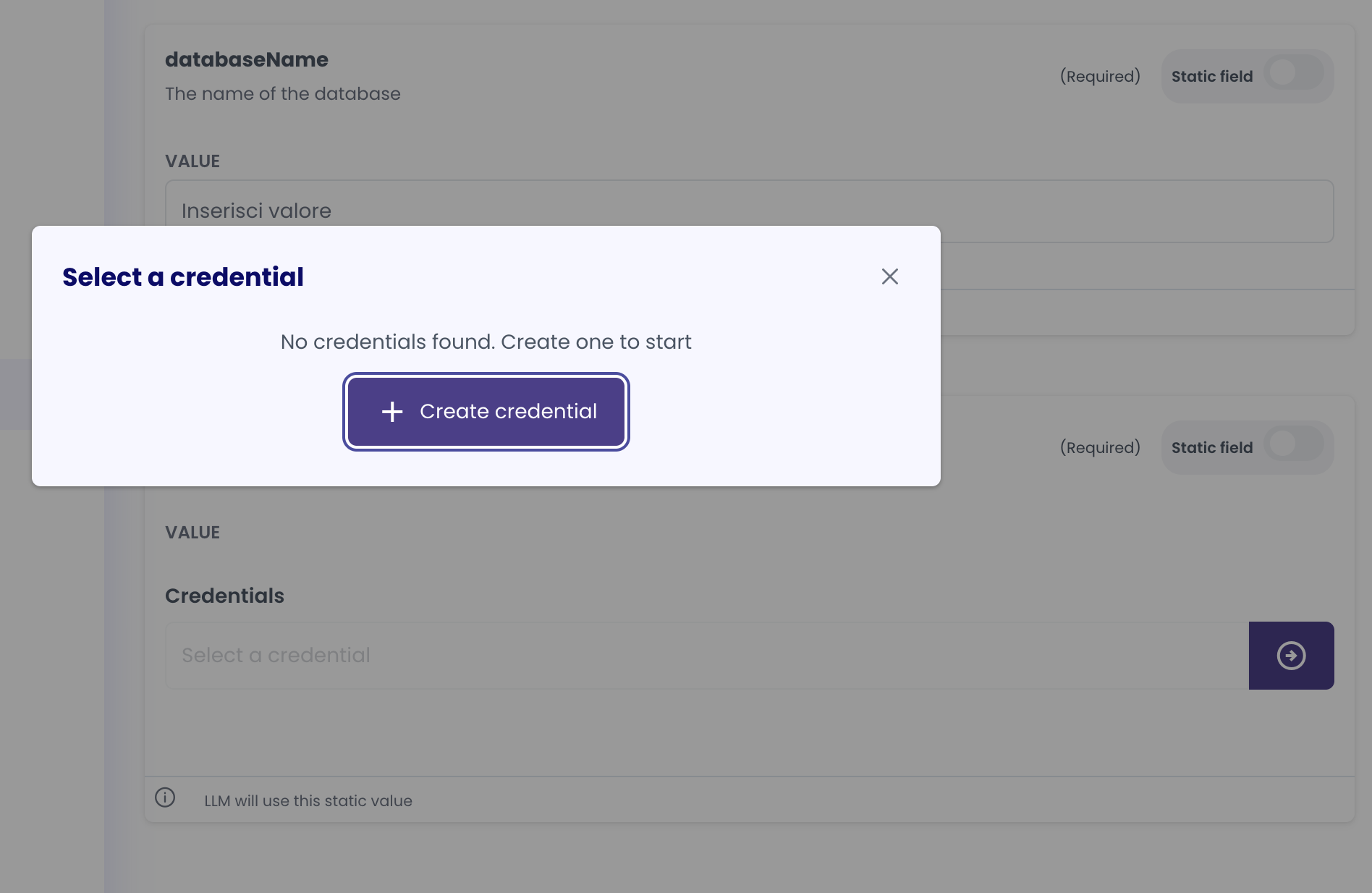 Database Credential Selection - Empty