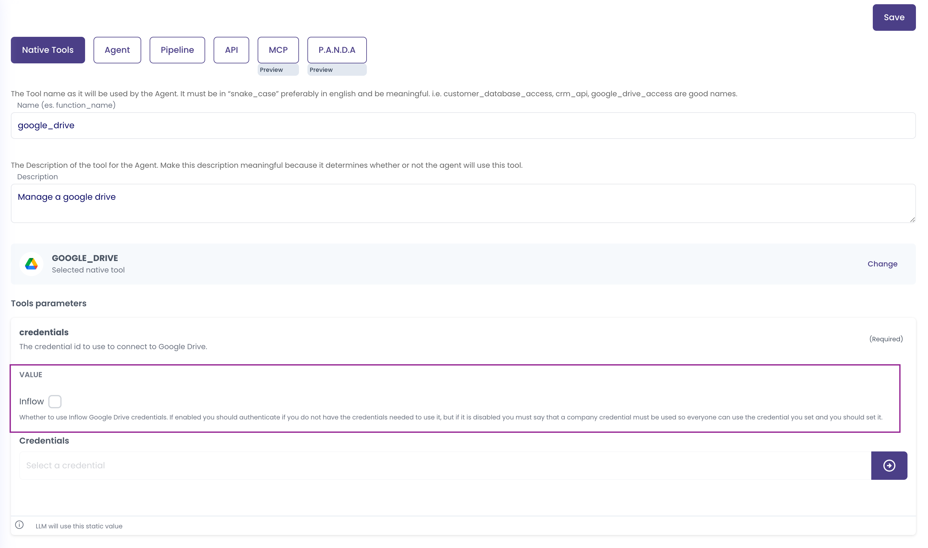 Google Drive Tool Configuration - Inflow Authentication Enabled