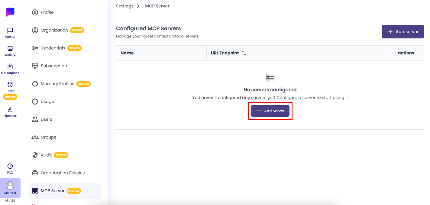 First step of MCP Server integration, click on 'Add Server' button