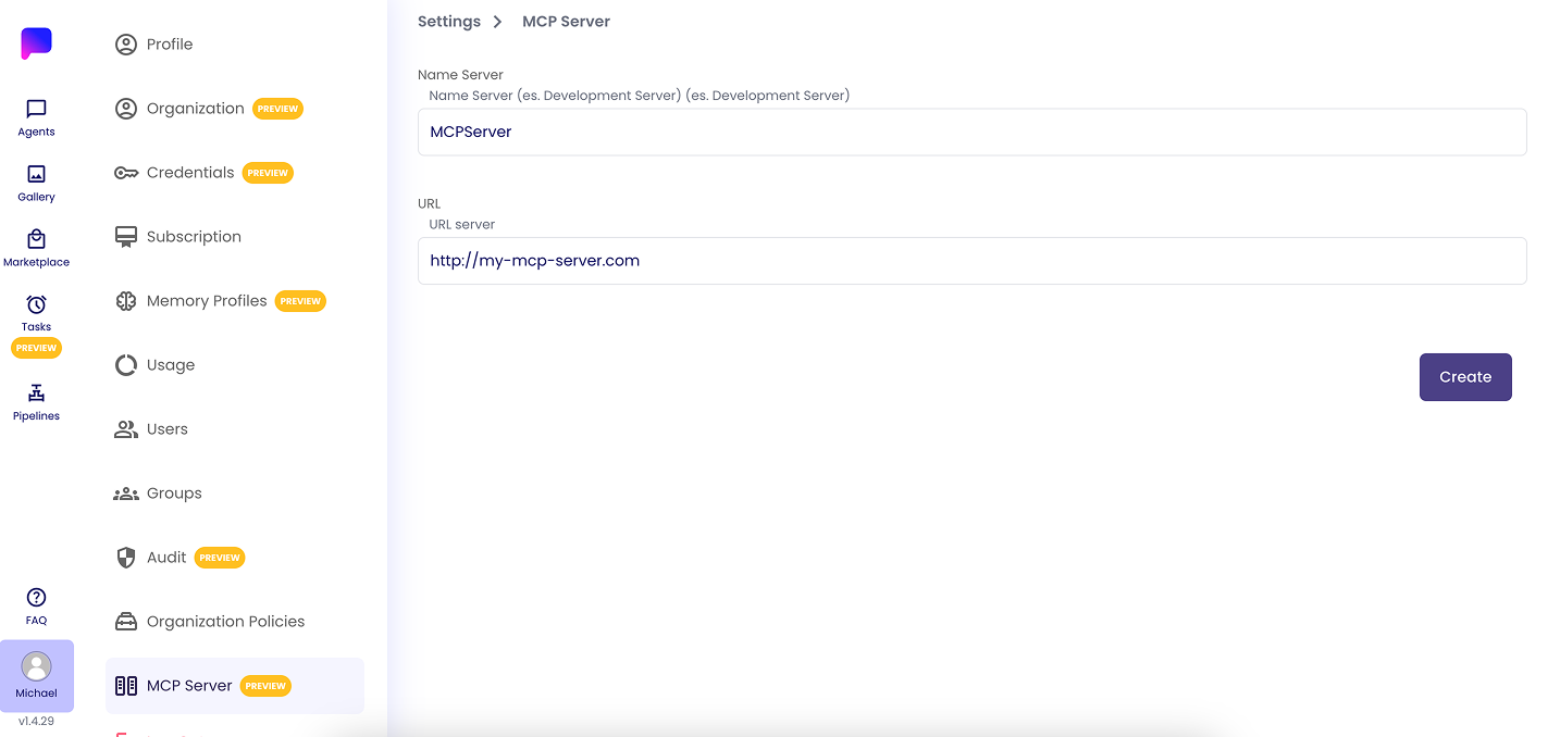 Second step of MCP Server integration, insert name and url of your MCP Server