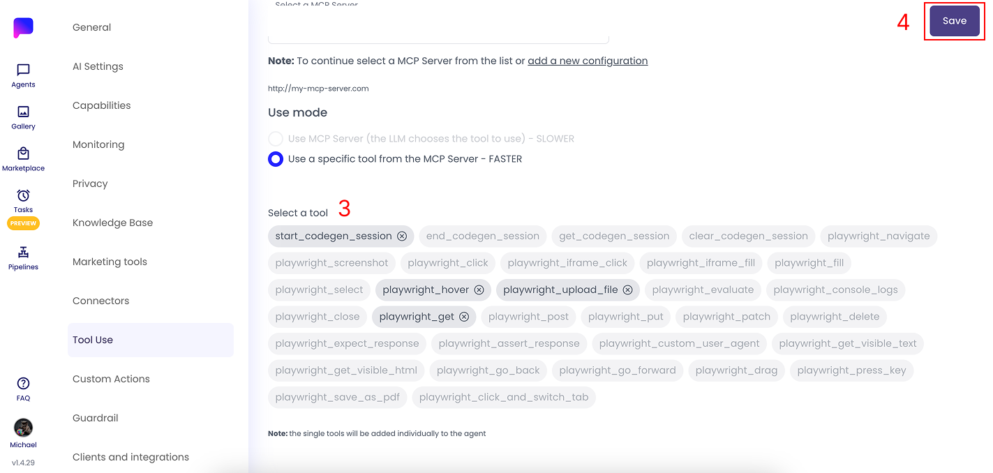 Second step of MCP Tool creation, select desired tools and save