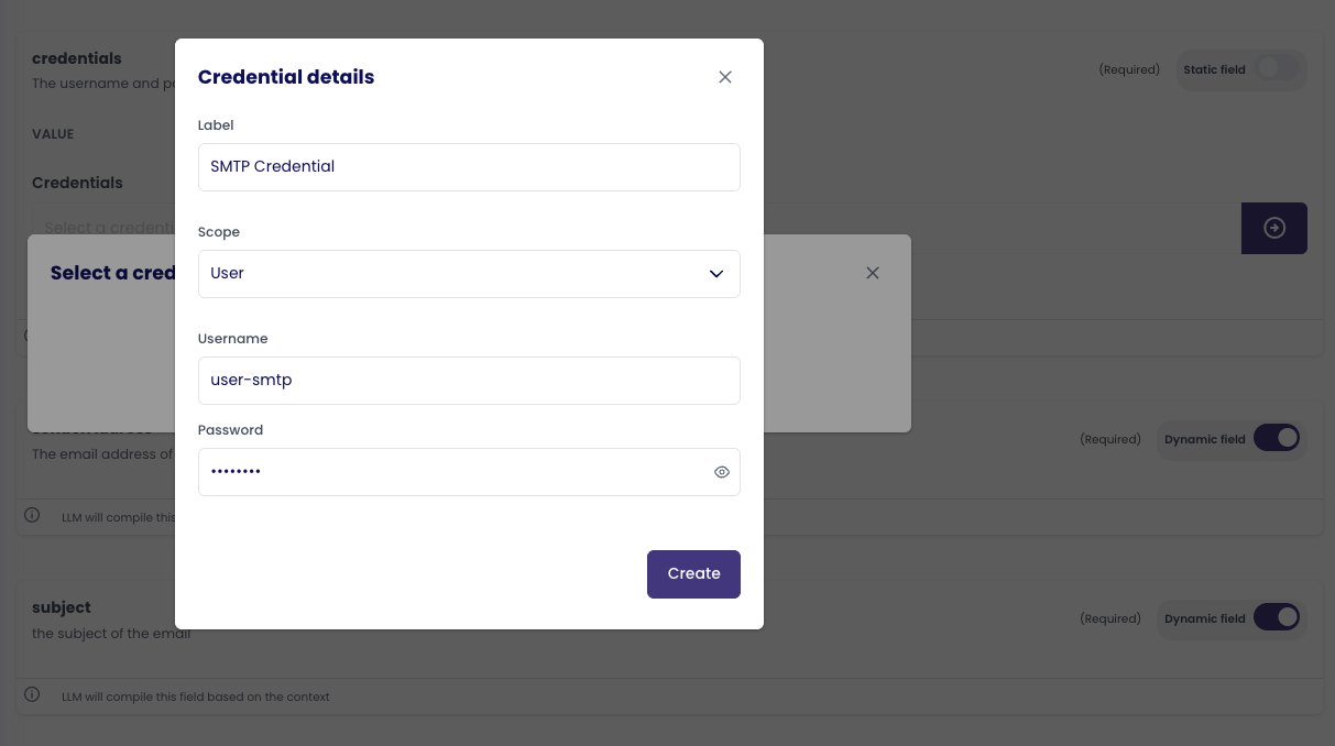 SMTP Credential Creation Modal