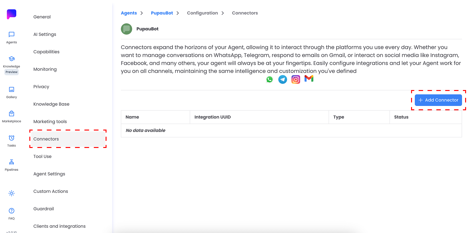 Telegram Connector – Connectors section and Add Connector button