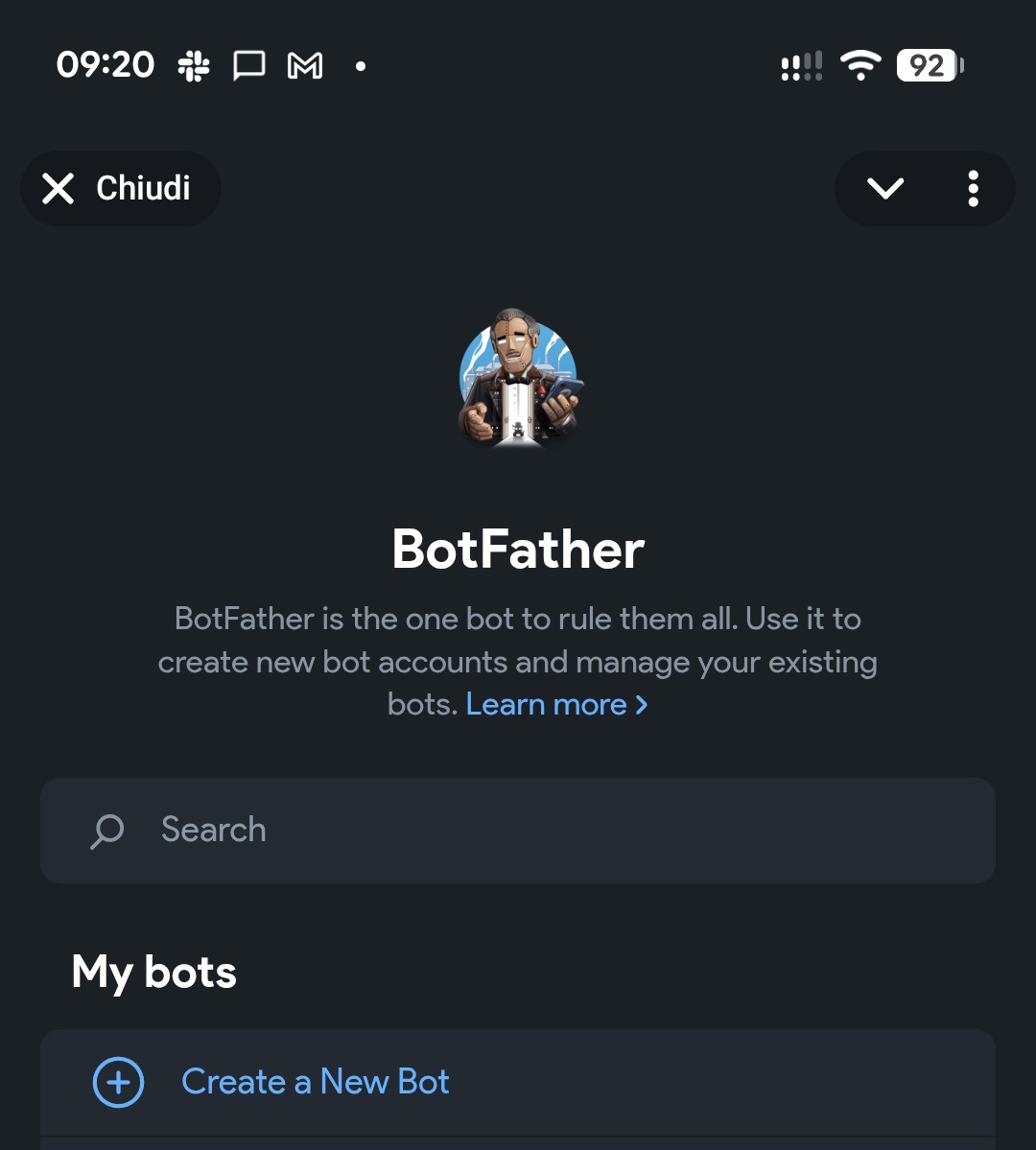 BotFather – Start screen and commands
