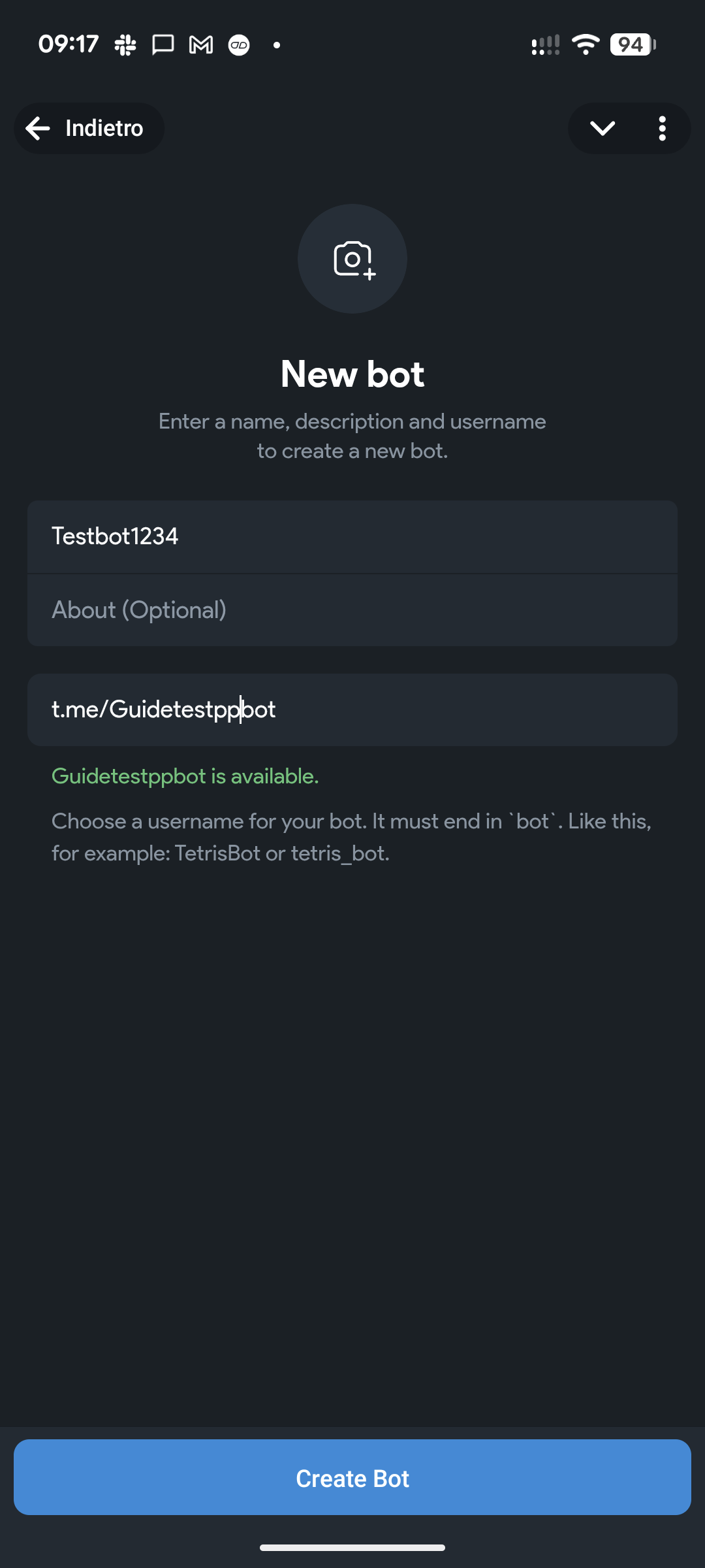BotFather – Create new bot with name and username