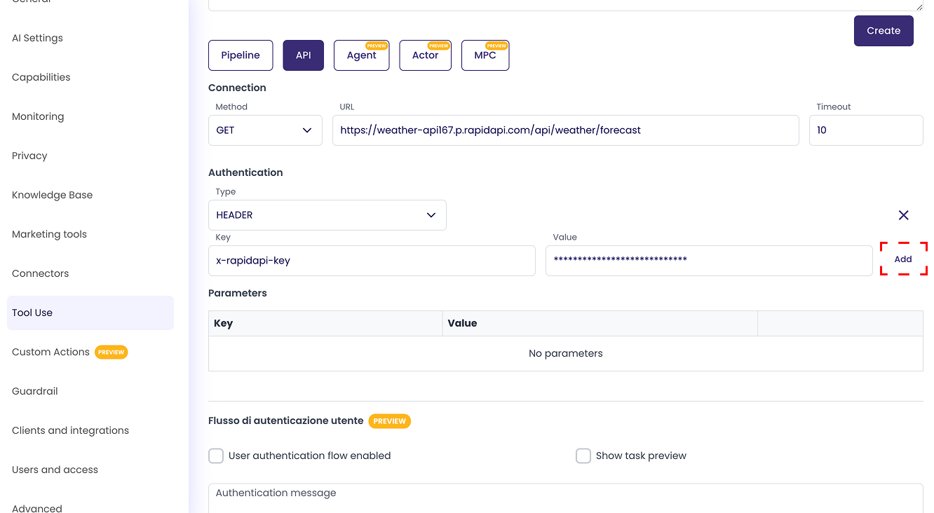 Authentication with Header option and a parameter