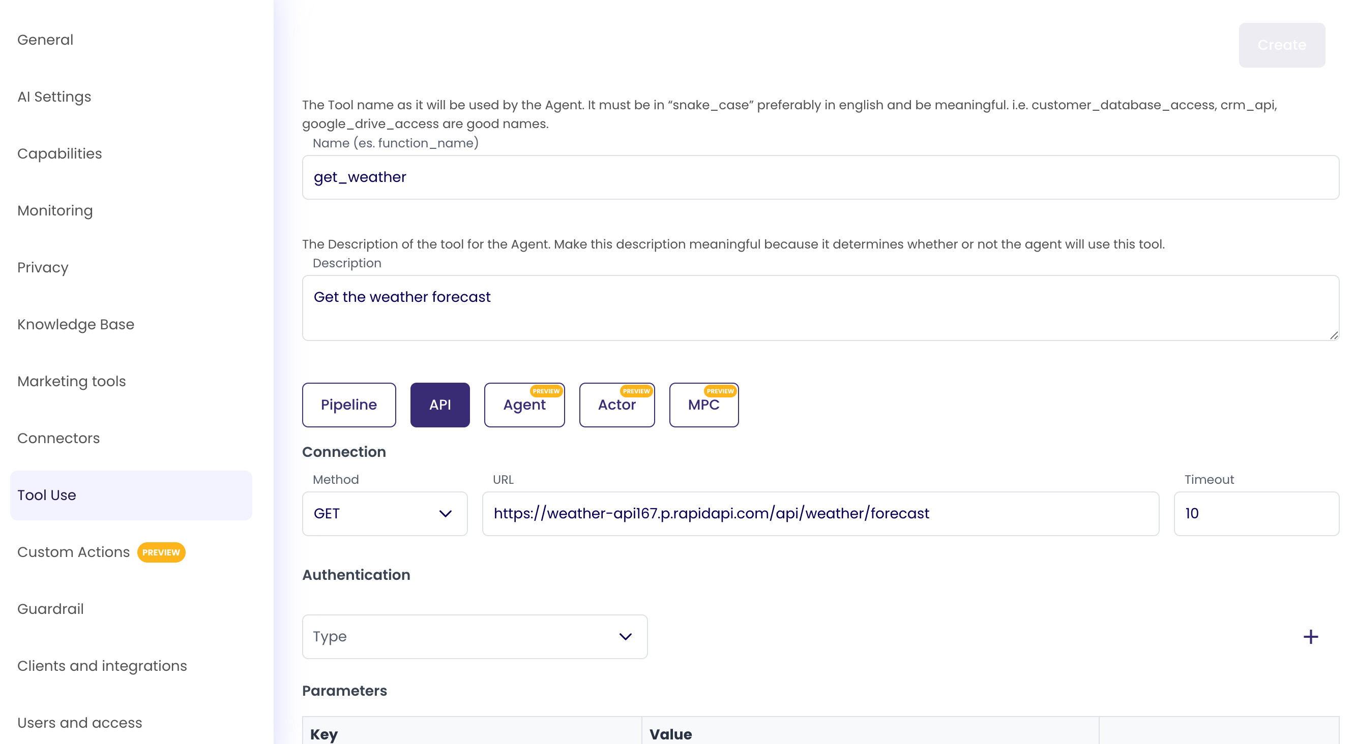Method, url and timeout settings of the API tool use