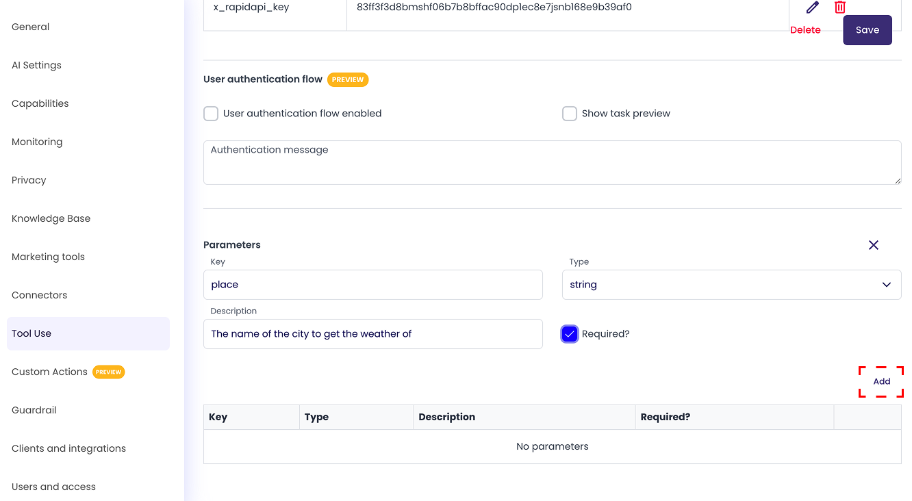 Tool parameters ready to be added