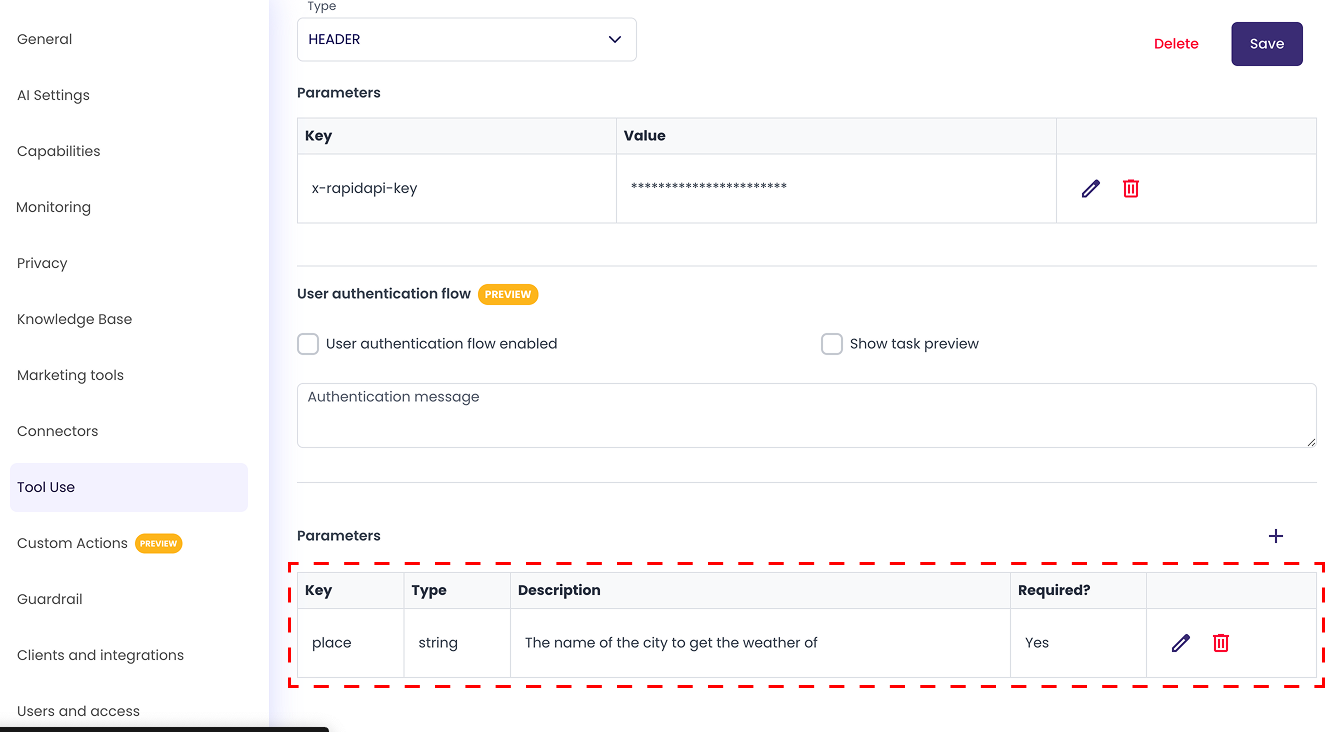 Tool parameters created