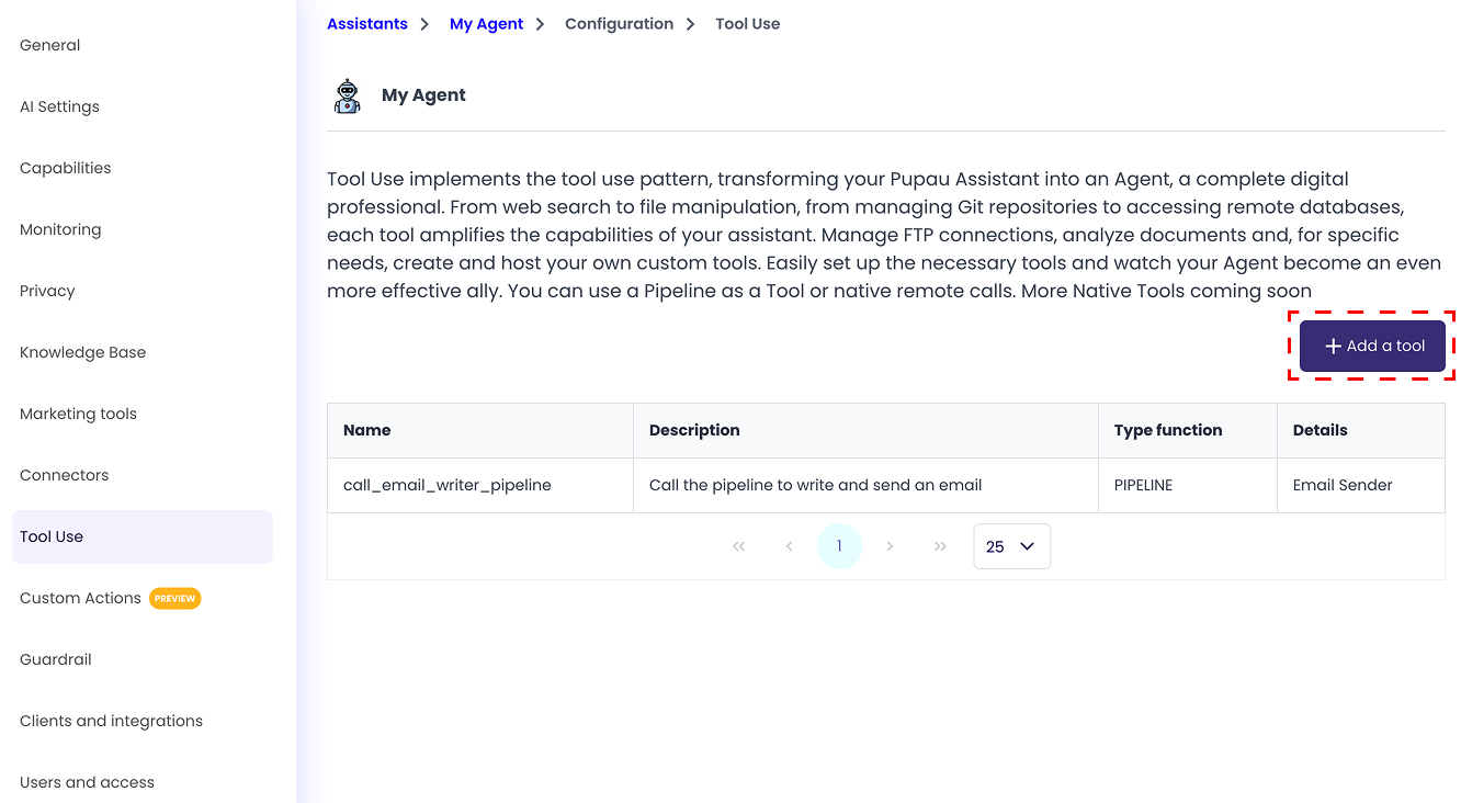Tool use create via add tool button