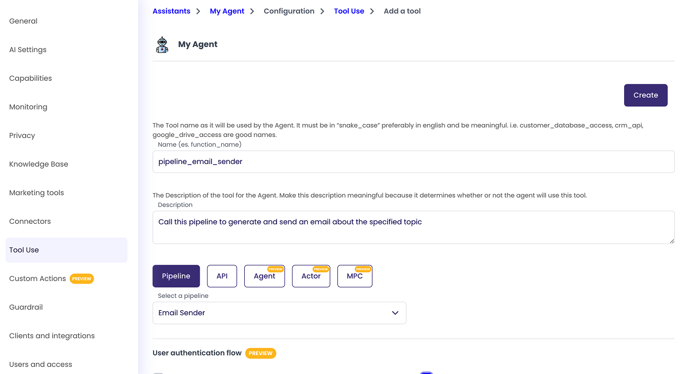 Tool use name, description and pipeline configuration