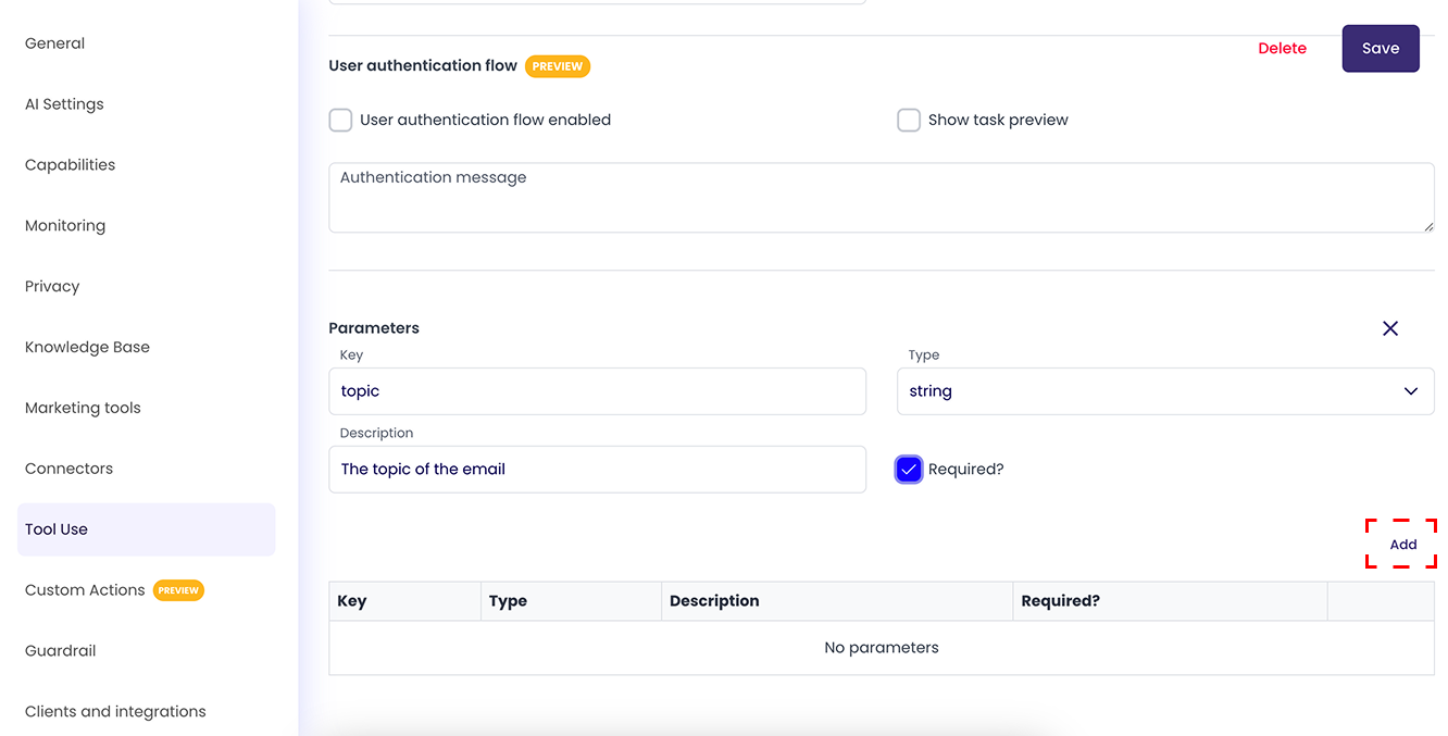 Tool parameters ready to be added