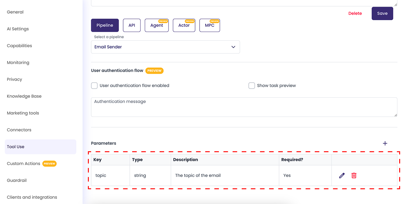 Tool parameters created